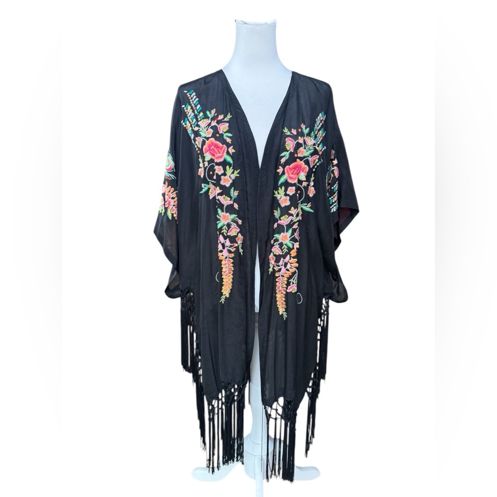 Johnny Was Embroidered Black Kimono with Fringe size L